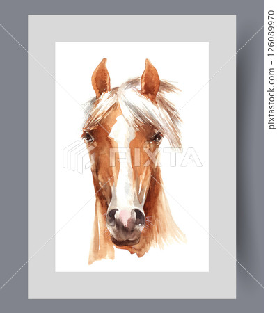 Muzzle of horse with mane swaying in wind and white spot on nose on print. Watercolor artwork Muzzle of horse with mane swaying in wind and white spot on nose on print. Watercolor artwork 126089970