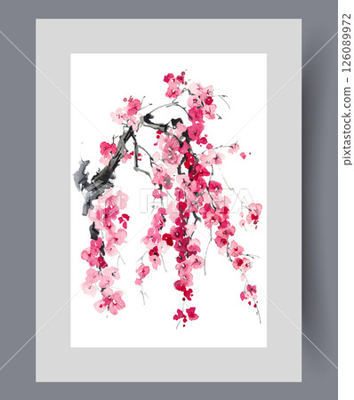 Branch of blossoming sakura tree from Japanese tourist region on wall art. Watercolor artwork 126089972