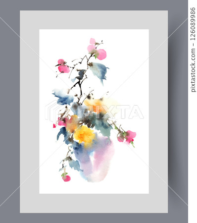 Vase with bouquet of wildflowers or dried flowers with bright petals on print. Watercolor artwork Vase with bouquet of wildflowers or dried flowers with bright petals on print. Watercolor artwork 126089986
