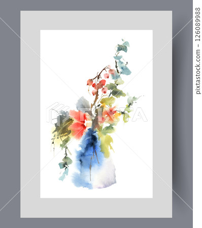 Bouquet of wild flowers and branches of flowering trees in glass vase on print. Watercolor artwork Bouquet of wild flowers and branches of flowering trees in glass vase on print. Watercolor artwork 126089988