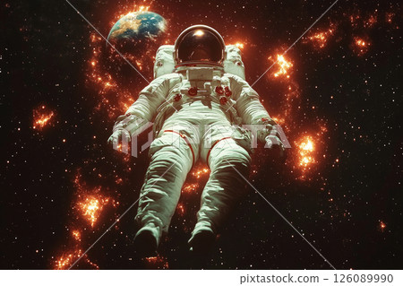 A 1950s-inspired space travel poster, showcasing an astronaut suspended in zero gravity with deep space, bright stars, and the planet Earth behind 126089990
