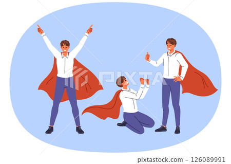Business man in superhero cape rejoices in victory, taking different poses and making joy gestures 126089991