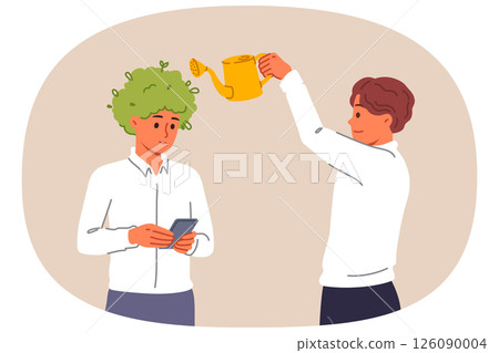 Man manager takes care of employees uses watering can as metaphor for investing in company personnel 126090004