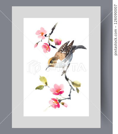 Songbird perched on cherry blossom branch in japanese tourist park on print. Watercolor artwork Songbird perched on cherry blossom branch in japanese tourist park on print. Watercolor artwork 126090007