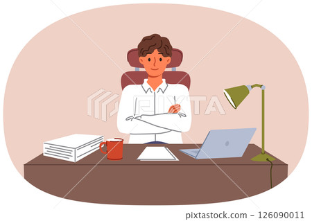 Man entrepreneur sits at desk with papers and laptop, crossing arms as sign of self-confidence Man entrepreneur sits at desk with papers and laptop, crossing arms as sign of self-confidence 126090011
