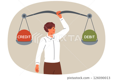 Man accountant compares debits and credits using giant scale to balance commercial company 126090013