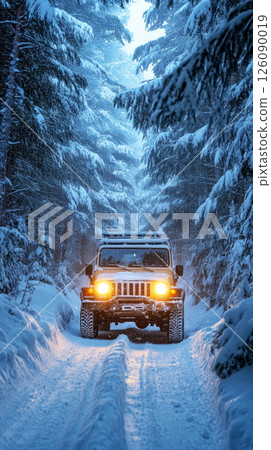 Snow-cloaked off-road vehicle treks frozen pine path with tires gripping ice, light slicing through fog in a raw and extreme wilderness drive 126090019