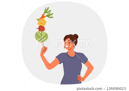 Woman follows balanced diet of vegetables leads healthy lifestyle thanks to proper nutrition 126090023
