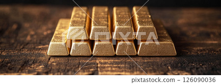 A detailed shot of pyramid-shaped gold bars on wood, styled with dim light and rustic charm for wealth or investment concepts A detailed shot of pyramid-shaped gold bars on wood, styled with dim light and rustic charm for wealth or investment concepts 126090036
