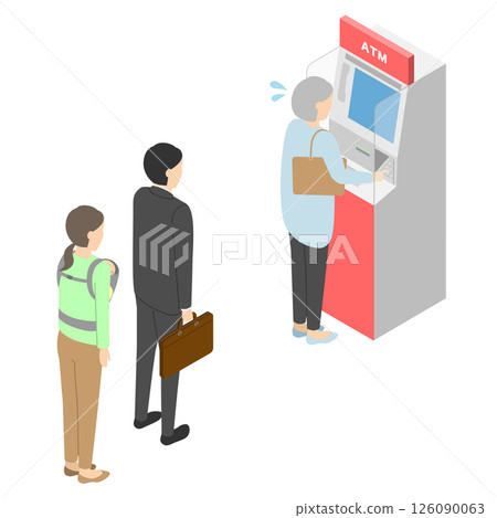 People lining up at an ATM and an anxious grandmother - Isometric People lining up at an ATM and an anxious grandmother - Isometric 126090063