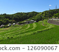 Summer rural landscape: rice terraces and village (photographed in July 2024 in Hase, Ibaraki City, Osaka Prefecture) 126090067