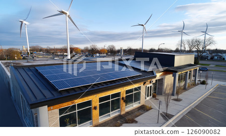 Solar panels on a modern rooftop city skyline. alternative energy source, energy saving, careful attitude to our planet Earth. Ecological energy renewable solar panel plant urban modern building 126090082