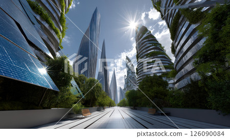 Solar panels on a modern rooftop city skyline. alternative energy source, energy saving, careful attitude to our planet Earth. Ecological energy renewable solar panel plant urban modern building 126090084