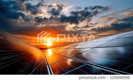 Solar farm and sunlight at sunset. Solar power for green energy. Sustainable renewable energy. Photovoltaic power plant or solar park. Solar panel installation and maintenance concept. Energy Solar farm and sunlight at sunset. Solar power for green energy. Sustainable renewable energy. Photovoltaic power plant or solar park. Solar panel installation and maintenance concept. Energy 126090090