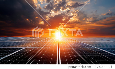 Solar farm and sunlight at sunset. Solar power for green energy. Sustainable renewable energy. Photovoltaic power plant or solar park. Solar panel installation and maintenance concept. Energy Solar farm and sunlight at sunset. Solar power for green energy. Sustainable renewable energy. Photovoltaic power plant or solar park. Solar panel installation and maintenance concept. Energy 126090091