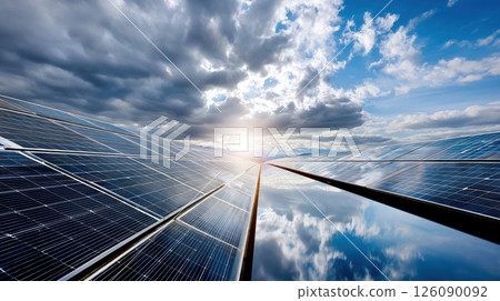 Solar farm and sun light. Solar power for green energy. Sustainable renewable energy. Photovoltaic power station or solar park. Solar panel installation and maintenance concept. Energy sustainability. Solar farm and sun light. Solar power for green energy. Sustainable renewable energy. Photovoltaic power station or solar park. Solar panel installation and maintenance concept. Energy sustainability. 126090092