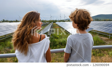 Mother and son looking at solar panels. Solar farm and sunlight at sunset. Solar energy for green energy. Sustainable renewable energy. Photovoltaic power plant or solar park. Energy sustainability. 126090094