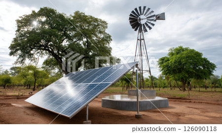 Water pumps and solar panels. Groundwater is pumped with a submersible pump from clean energy or solar energy converted to electric energy on an agricultural farm Water pumps and solar panels. Groundwater is pumped with a submersible pump from clean energy or solar energy converted to electric energy on an agricultural farm 126090118