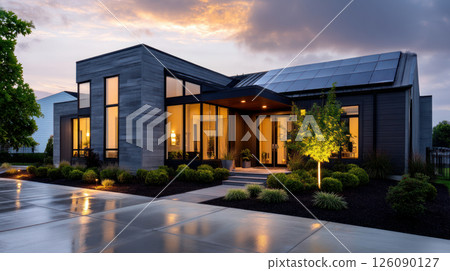 solar panels, photovoltaics roof of a house and a beautiful skyn. Alternative electricity source. Concept of sustainable resources. super modern, modernized and cozy house in the nature 126090127