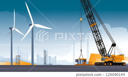 Wind turbine construction site, crane lifting parts, industrial scene. Engineer with technician are inspection work in wind turbine farms rotation to generate electricity energy 126090144