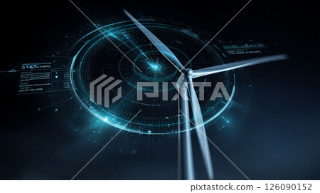High-tech wind turbine with holographic energy stats, sci-fi interface. Solar power plant and communication network concept. Renewable energy. Smart grid. Sustainable resources. 126090152