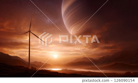 Giant wind turbine in an alien planet environment, sci-fi theme. Electricity in nature or clean energy concept. Wind turbine producing alternative energy 126090154
