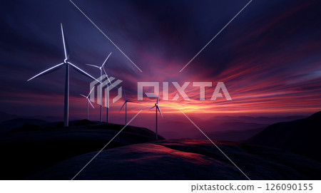 Several wind turbines silhouetted against a bright sunset sky. The turbines rise against a backdrop of orange, purple and red clouds. 126090155