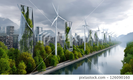 Conceptual eco-city with integrated wind turbines, clean energy theme. wind turbine farm and green leaf blowin in smart city.renewable energy.sustainable and environmentally friendly. Conceptual eco-city with integrated wind turbines, clean energy theme. wind turbine farm and green leaf blowin in smart city.renewable energy.sustainable and environmentally friendly. 126090160