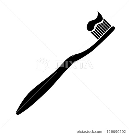 Toothbrush with Toothpaste Silhouette Vector Illustration. A black and white silhouette vector illustration of a toothbrush with a blob of toothpaste on the bristles. Toothbrush with Toothpaste Silhouette Vector Illustration. A black and white silhouette vector illustration of a toothbrush with a blob of toothpaste on the bristles. 126090202
