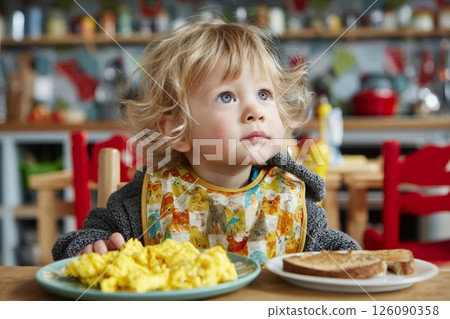 Toddler eating scrambled eggs and toast for breakfast in kitchen Toddler eating scrambled eggs and toast for breakfast in kitchen 126090358
