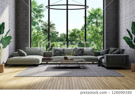 Modern contemporary loft style living room with tropical green garden background 3d render Modern contemporary loft style living room with tropical green garden background 3d render 126090380