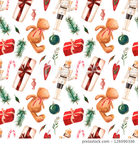 Watercolor hand drawn seamless pattern with teddy bears, Nutcracker and gifts Watercolor hand drawn seamless pattern with teddy bears, Nutcracker and gifts 126090386