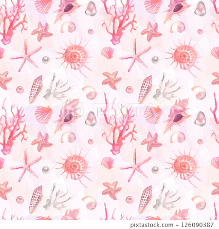 Watercolor seamless pattern with shells and pearls Watercolor seamless pattern with shells and pearls 126090387