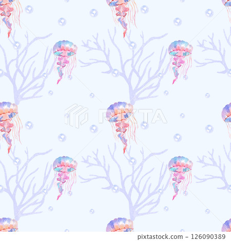 Delicate Watercolor Blue Seamless Pattern with Jellyfish and Coral Reefs. Handmade Pattern  126090389