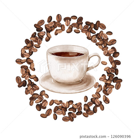 Coffee in white cup. Hand-drawn wreath or round frame of roasted beans. Illustration on white background 126090396