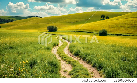 Curly clouds float over the green meadow. Fluffy white clouds cast a soft shadow on the green meadow through which a winding dirt road runs. 126090400
