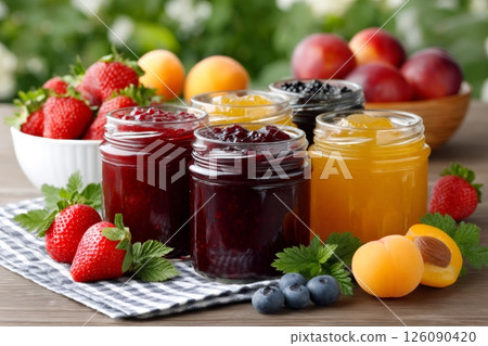 Jars of delicious homemade fruit jam resting on wooden table Jars of delicious homemade fruit jam resting on wooden table 126090420