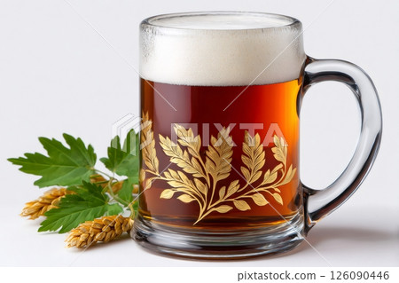 Glass of beer with hop plant and white foam on white background 126090446