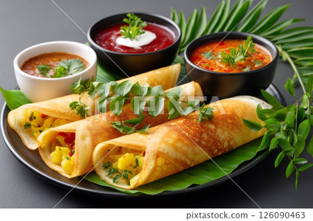 Masala dosa, a south indian pancake, served with sambar and chutney dips 126090463