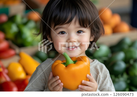 Happy toddler holding orange bell pepper at farmers market 126090473