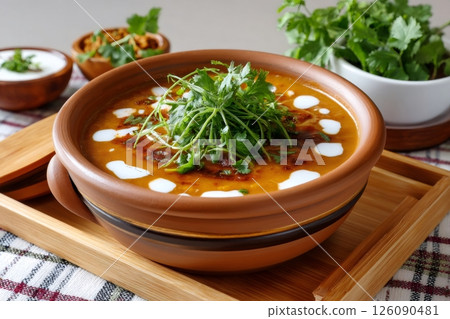 Delicious lentil soup with coriander and cream served in a terracotta bowl 126090481