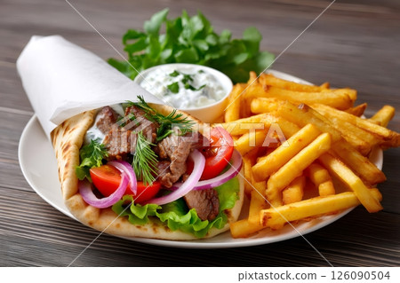 Greek gyros pita with french fries, tzatziki and salad on wooden table 126090504