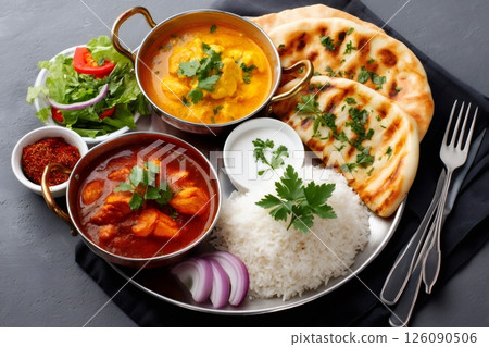 Traditional Indian Thali serving butter chicken, basmati rice, naan bread, vegetable curry and raita 126090506