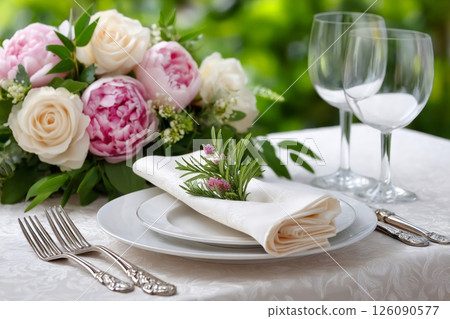 Elegant table setting with flowers and rosemary is awaiting guests for a wedding reception 126090577