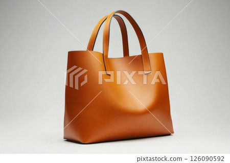 Stylish orange leather tote bag standing on white background 126090592