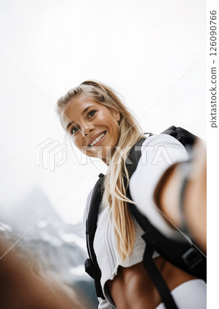 Smiling Hiker Takes a Selfie in the Mountains on a Cloudy Day During an Outdoor Adventure 126090766