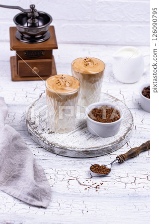 Dalgona whipped coffee with milk 126090795