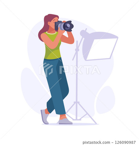 A Female Photographer Skillfully Capturing Unique Moments with Professional Studio Lighting A Female Photographer Skillfully Capturing Unique Moments with Professional Studio Lighting 126090987