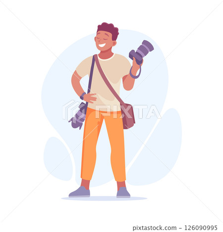 A passionate photographer equipped with various cameras and photography equipment for capture 126090995
