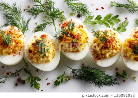 Deviled eggs with paprika and fresh dill 126091058